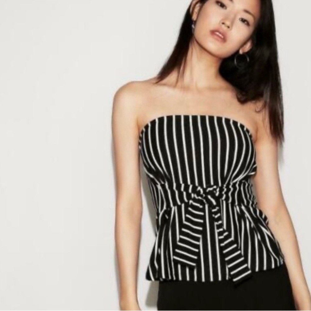 Express Tie Front Striped Strapless Blouse- Size XS | Color: Black/White